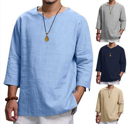 Loose Casual V-neck Top Cotton And Linen Long Sleeve Pullover Shirt Mens Clothing