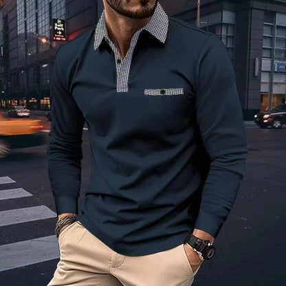 Leisure Plaid Lapel Polo Shirt Fashion Solid Color Long Sleeve Tops Men's Clothing