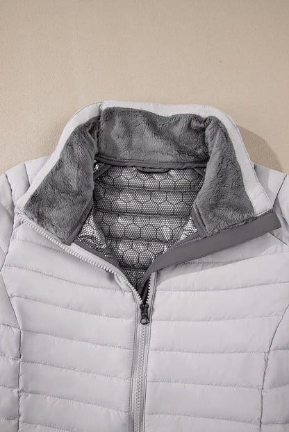 Burgundy Solid Color Quilted Zip-up Puffer Jacket