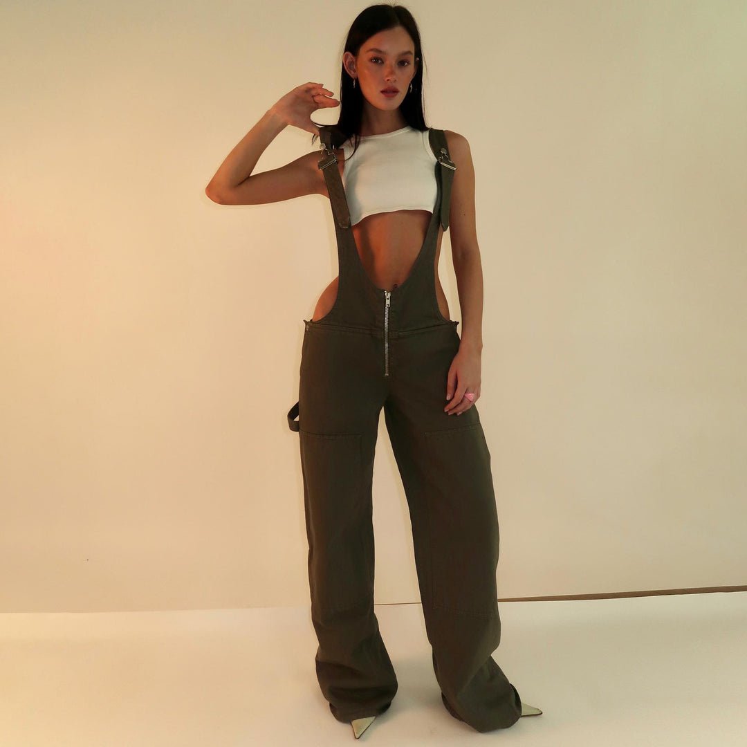 Y2K Denim Overalls With Pockets Fashion Loose Jumpsuit Streetwear Zipper Jeans Pants Womens Clothing