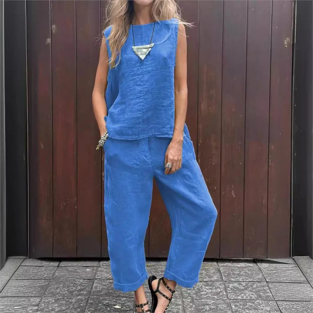 Spring Summer New Solid Color Sleeveless Cotton And Linen Women's Suit Simple Fashion Pocket Casual Long Pants Female 2piece Set