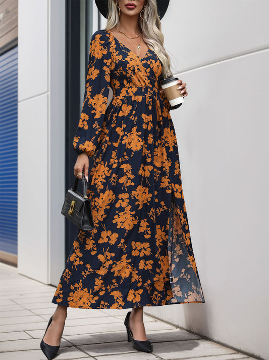 Split Printed Surplice Long Sleeve Midi Dress