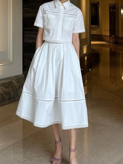 GALCAUR Elegant Two Piece Sets For Women Lapel Short Sleeve Tops High Waist A Line Pleated Skirts Solid Set Female Summer 2023