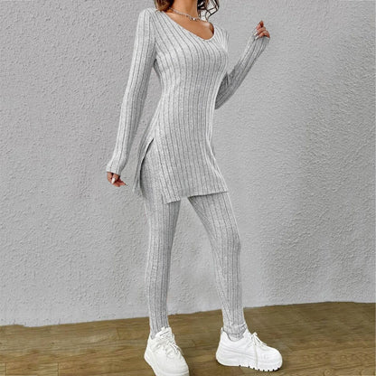 Spring Fashion Knit Suits 2024 Casual Loose Pullover+Elastic Long Pants Print Knitted Solid Color Two Pieces Sets Clothing