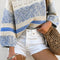 Light Blue Striped Hollow Out Puff Sleeve Sweater