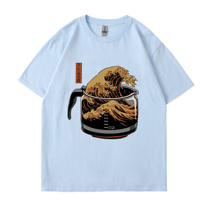 Short sleeved coffee wave print round neck T-shirt top