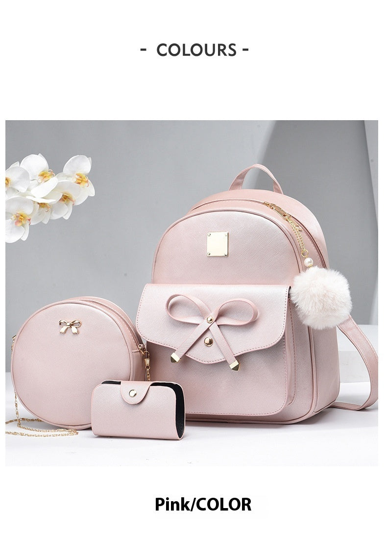 Fashion Women's Bags PU Bow Composite Bag Young Girl Student Cute Shoulders Backpack Crossbody Bags Coin Purse 3pcs Set