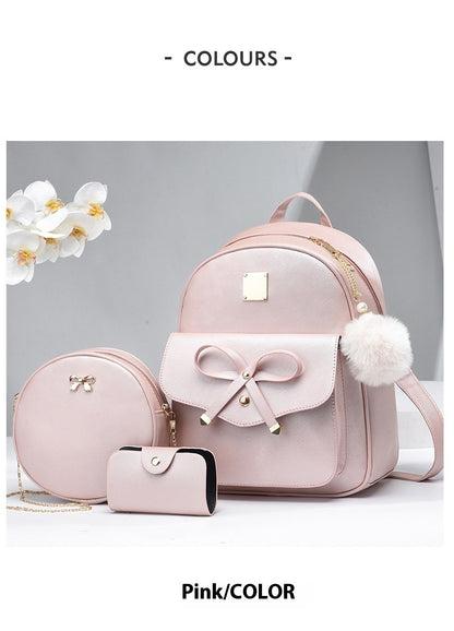 Fashion Women's Bags PU Bow Composite Bag Young Girl Student Cute Shoulders Backpack Crossbody Bags Coin Purse 3pcs Set