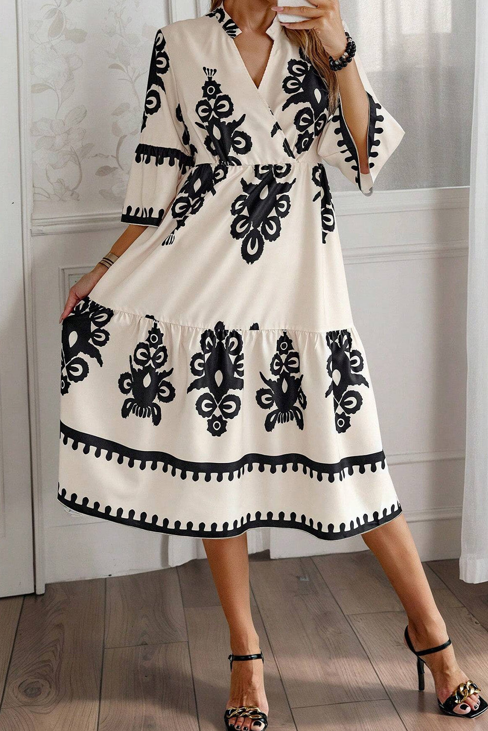 Black Ethnic Print 3/4 Sleeve Loose Midi Dress