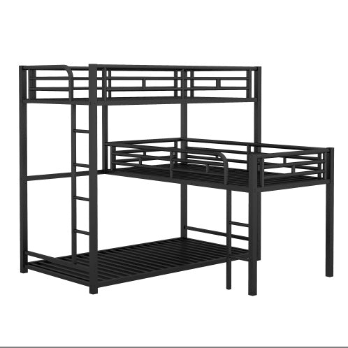 L-shaped Metal Triple Twin Size Bunk Bed, Black