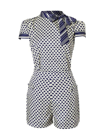 Geometry Print Ribbon Top & Pocket Design Shorts Set Women Summer Two Piece Set