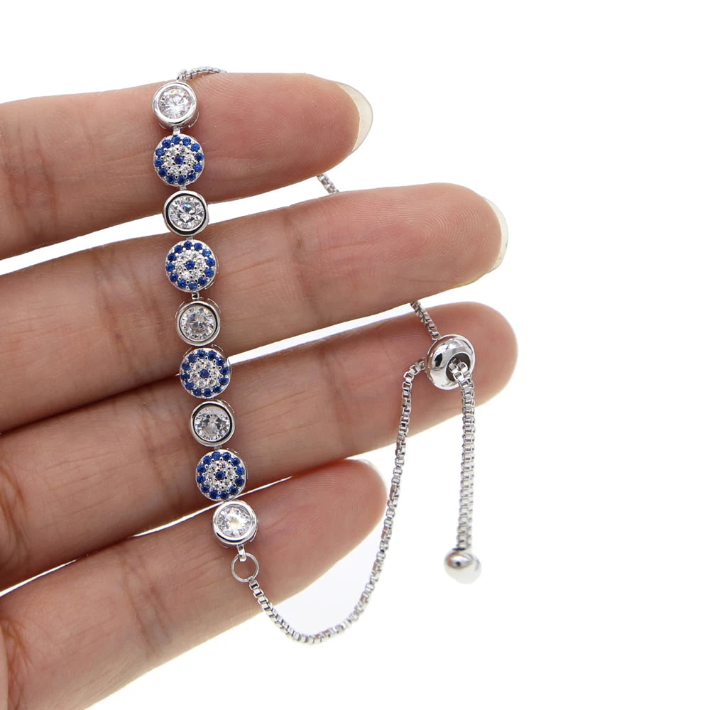 2024 New Arrival Adjust Turkish Tennis Chain Bracelet Women Luxury Round Blue Eyes Clear Cubic Zircon AAA+ Cz Wedding Jewelry