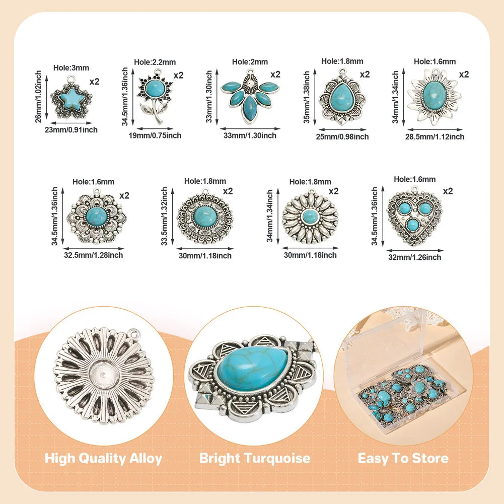 18Pcs Tibetan Style Alloy Pendants with Synthetic Turquoise and Resin Beads Mixed Shapes Antique Silver for Making DIY Necklace