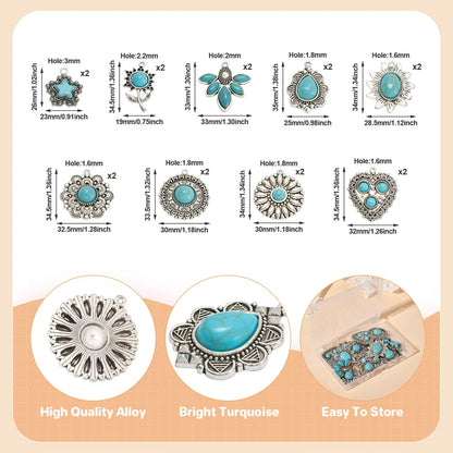 18Pcs Tibetan Style Alloy Pendants with Synthetic Turquoise and Resin Beads Mixed Shapes Antique Silver for Making DIY Necklace