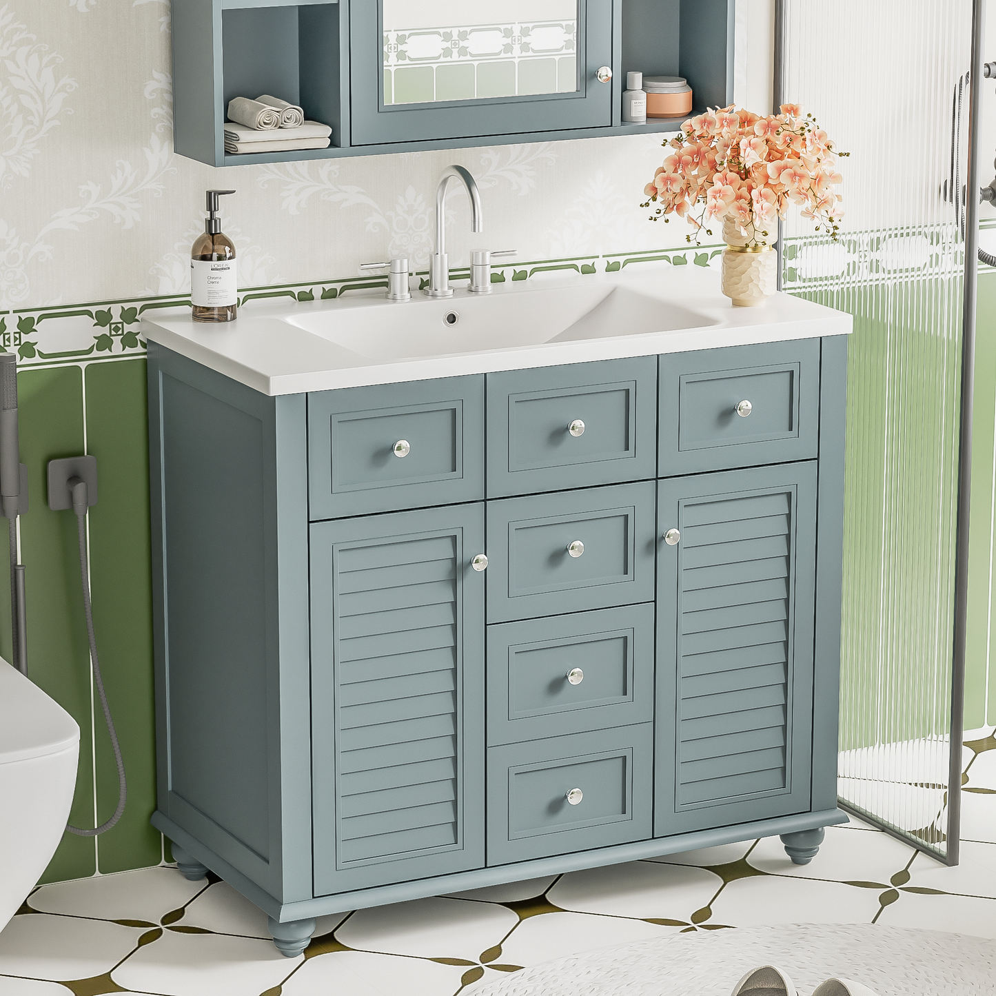 36 "bathroom makeup cabinet with resin sink combination and 2 drawers, with soft closing door, blue color