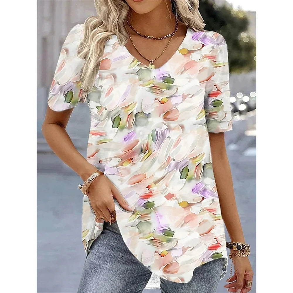 Fashion Woman Blouses 2024 T-shirt Women's 3d Flower Print White Kawaii V-neck T Shirt Female Clothing Oversized Summer Tops Tee