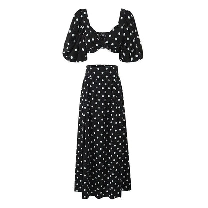 TRAFZA 2024 Female Spring Polka Dots Printed Suit Cropped Short Sleeves Square Neck Top Slit High Waist Chic Skirt Vintage Suit