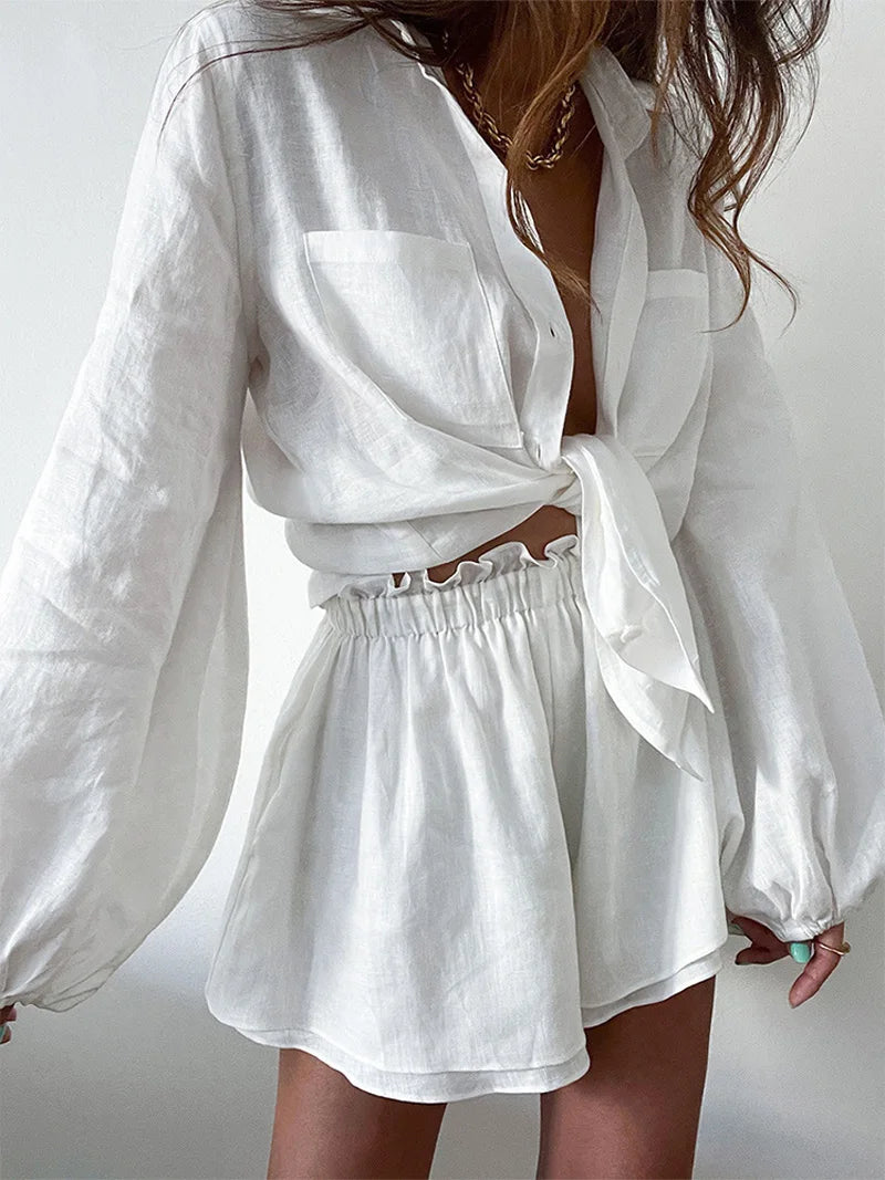 2024 Women Spring Summer Bohemian Shorts Sets Solid White Loose Fit Outfits Blouse Suit 2 Two Piece Set For Women