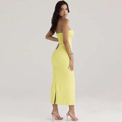 Solid color strapless fishbone back slit tight and sexy dress