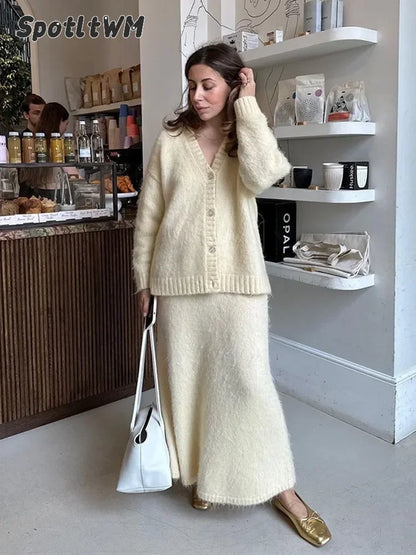 Elegant Solid Mohair Skirt Sets Women Autumn Knit V Neck Cardigan Sweater 2 Piece Female Loose Long Skirts Fashion Party Suits