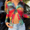 Slim fit display cardigan long sleeved oil painting printed lapel shirt for women