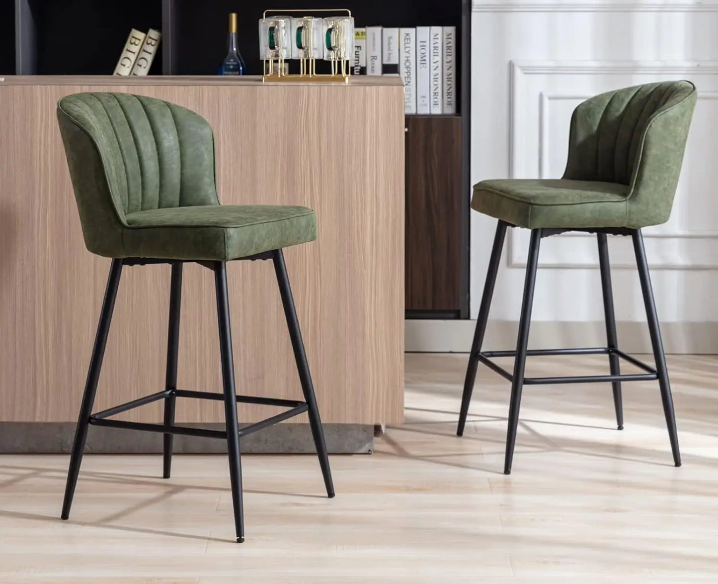 Counter Height Bar Stools Set of 2 Modern Bar Chairs with Back Leather Upholstered Barstools with Metal Footrest