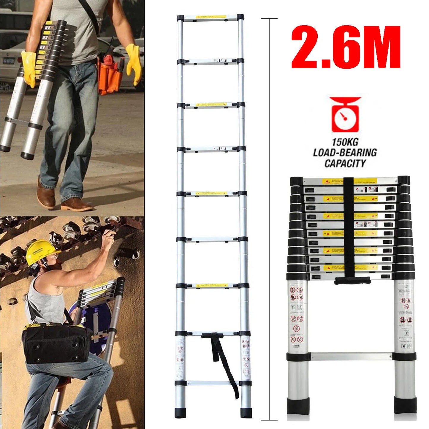 DayPlus 2.6M-5M Telescopic Ladder Sturdy Aluminum Telescoping Extension Ladder 330lb Max Load EN131 for Household Outdoor Work