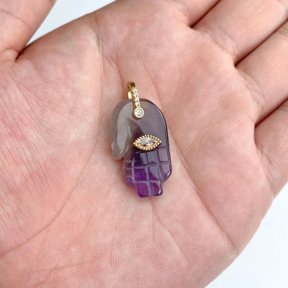 2PCS Fashion Hamsa Fatima Hand Pendant Natural Stone Agates Amethysts Beads Evil Eye Charms for Jewelry Making DIY Necklace