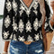 Black Vintage Geometric Printed 3/4 Sleeve V Neck Blouse