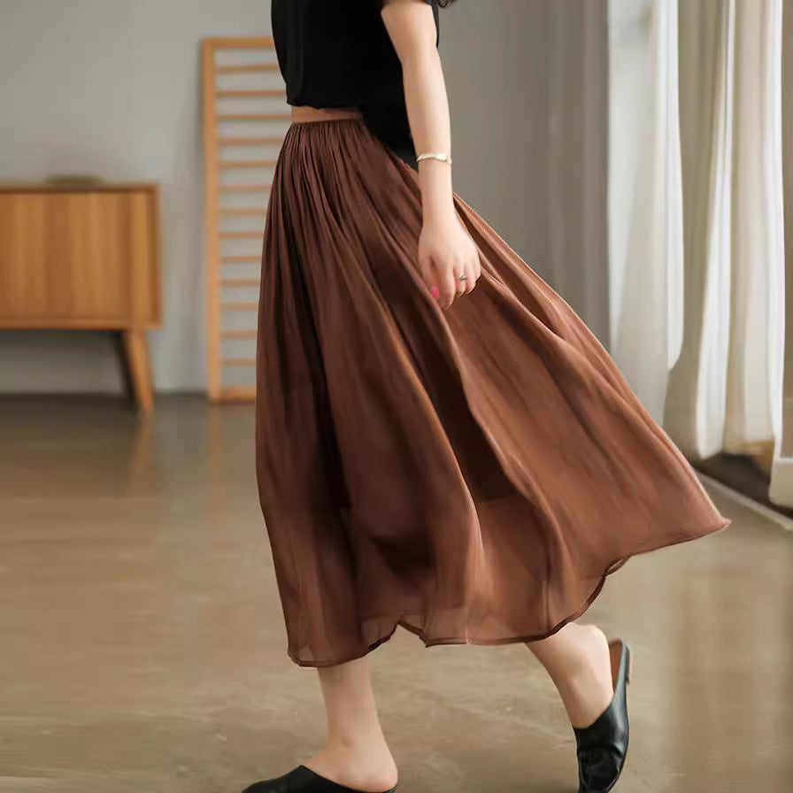 Flowing gauze skirt swaying romantic high-end cutting slimming solid color glossy texture half skirt for women