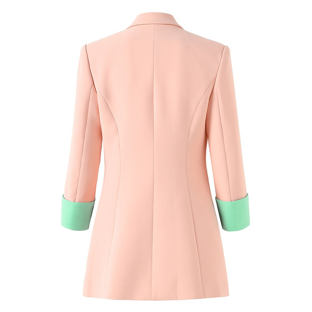 Splicing jacket for women, spring and summer, seven quarter sleeved suit jacket, pink single breasted jacket, commuting jacket