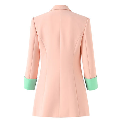 Splicing jacket for women, spring and summer, seven quarter sleeved suit jacket, pink single breasted jacket, commuting jacket