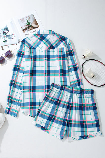 Blue Plaid Print Shirt and Shorts 2Pcs Lounge Set