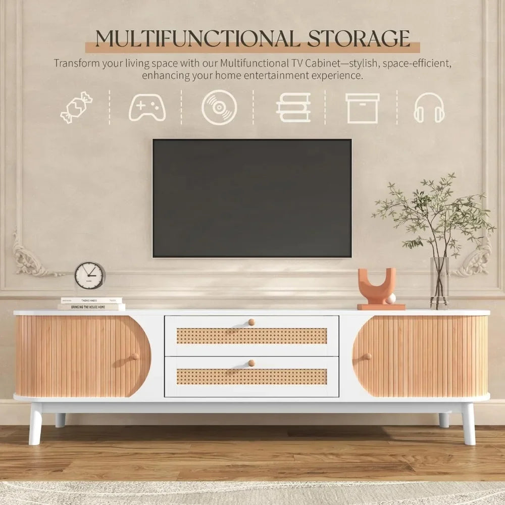 75'' Rattan Stand, Modern Farmhouse Media Console with Solid Wood Legs,Spacious Storage, Cable Management, Entertainment Center