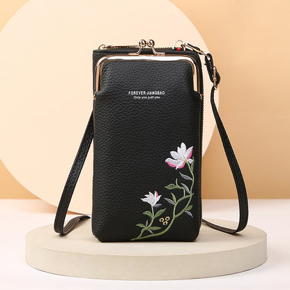 Flower Embroidery Phone Bag With Lock Buckle Outdoor Long Wallet Fashion Shoulder And Crossbody Bags