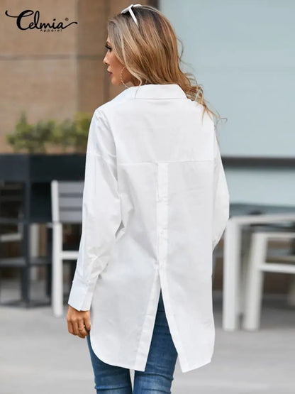 Celmia Long Sleeve Casual Tops Ladies Buttons Back Slit Blusas Mujer Fashion Chic Blouses Solid 2023 Summer Women White Shirts