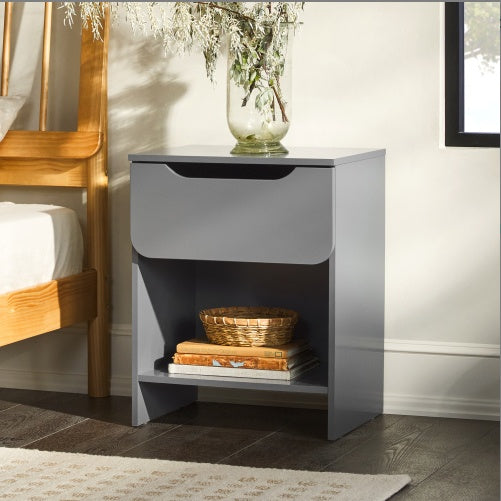 Modern Minimalist 1-Drawer Nightstand With Cubby Dark Grey