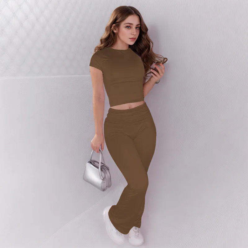 Absobe Leisure Fold Over Pants Suit Women Crew Long Sleeve Slim Crop Top Flare Pants Sports Causal Set Hottie Autumn Streetwear