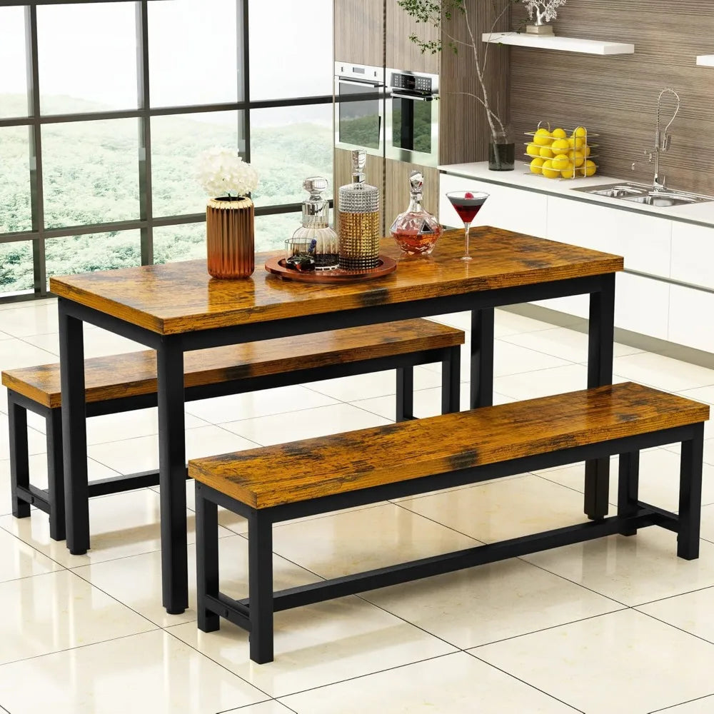 Dining Room Table Set, Kitchen Set with 2 Benches, Ideal for Home, and Room of 43.3x23.6x28.5 inches, Benches 38.5x11.8x17.5