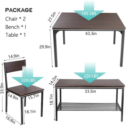 4 Person Dining Table Set,43.3 inch Kitchen Table Set for 4,2 Chairs with Backrest,2-Person Bench with Storage Rack