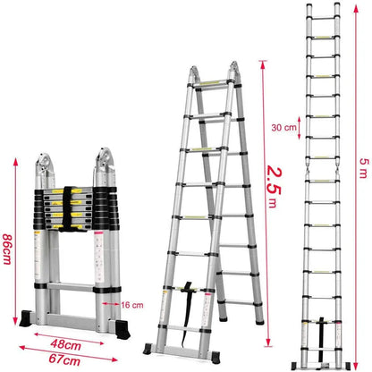 DayPlus 2.6M-5M Telescopic Ladder Sturdy Aluminum Telescoping Extension Ladder 330lb Max Load EN131 for Household Outdoor Work