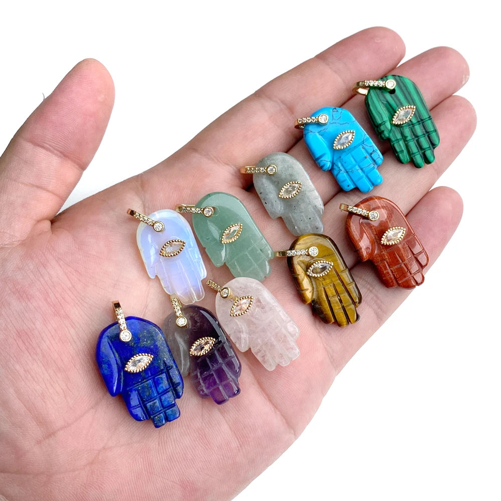 2pcs Quality Natural Stone Quartz Hamsa Fatima Hand Pendant Charm For Diy Jewelry Making Necklace Earring Accessories Wholesale