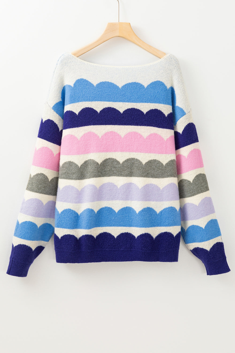 Dark Blue Wave Striped Balloon Sleeve Drop Shoulder Sweater