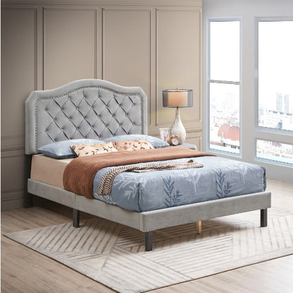 Easy To Assemble - Grey Velvet - Platform Bed - Queen