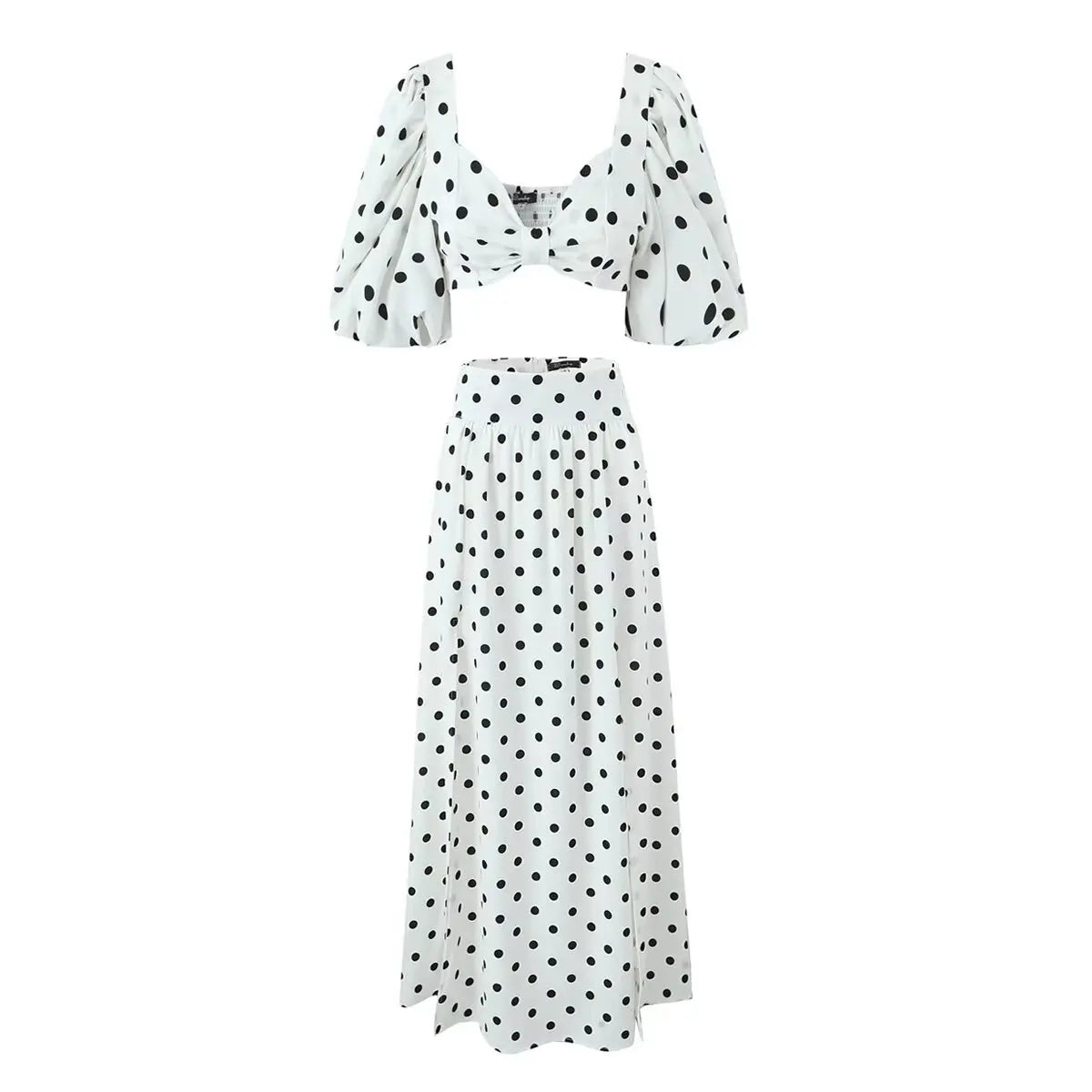 TRAFZA 2024 Female Spring Polka Dots Printed Suit Cropped Short Sleeves Square Neck Top Slit High Waist Chic Skirt Vintage Suit