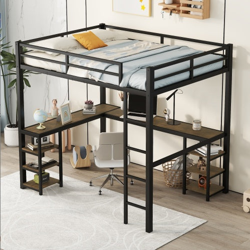 Full Metal Loft Bed With Desk And Shelves, Loft Bed With Ladder And Guardrails, Loft Bed Frame For Bedroom