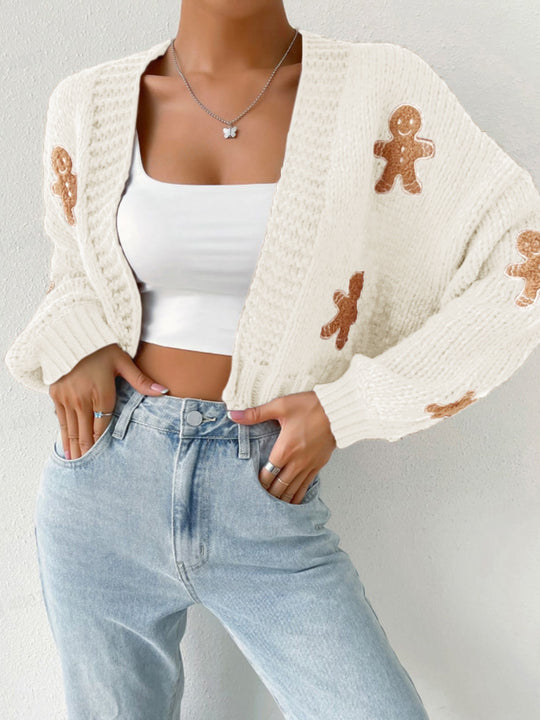 Knitted Sweater With Gingerbread Man Pattern V-Neck Spring Autumn Winter Gingerbread Man Cardigan