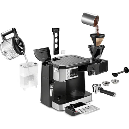 All-in-One Combination Coffee Maker & Espresso Machine + Advanced Adjustable Milk Frother for Cappuccino & Latte + Glass