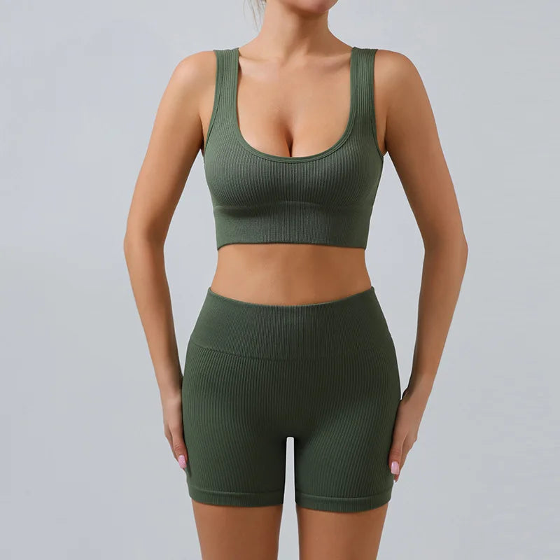 Fitness Running Seamless Ribbed Yoga Sets Workout Sets for Women 2 Pieces Gym Suits Ribbed Crop Tank High Waist Shorts Outfits