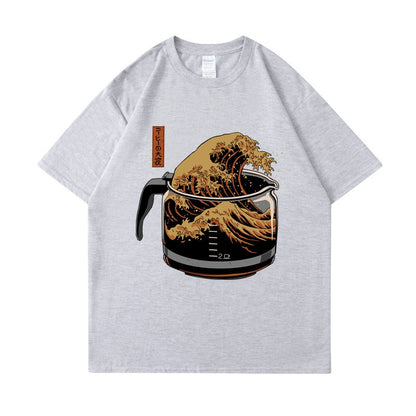 Short sleeved coffee wave print round neck T-shirt top